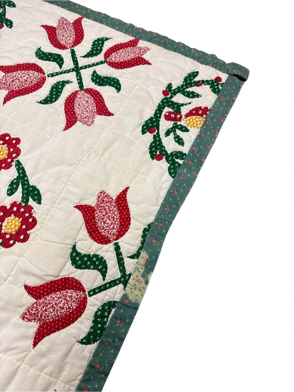 Vintage Handmade Appliqué Folk Art Quilt Tulips Birds Floral Wreath Full Queen
